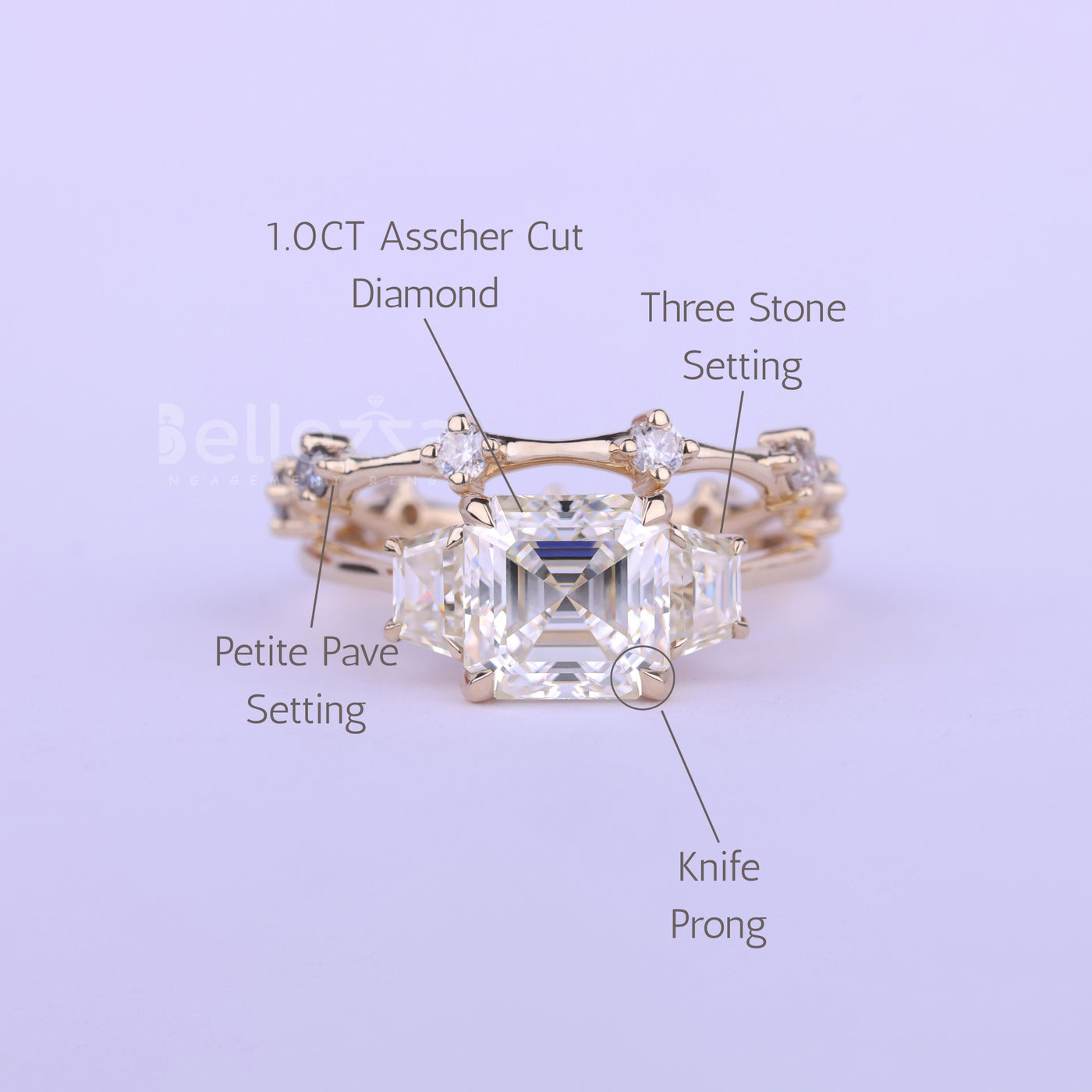 1.0CT Asscher Cut Three Stone Moissanite Bridal Ring Set