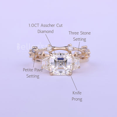 1.0CT Asscher Cut Three Stone Moissanite Bridal Ring Set