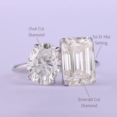 1.50CT Emerald & Oval Cut Diamond Moissanite Toi Et Moi Engagement Ring