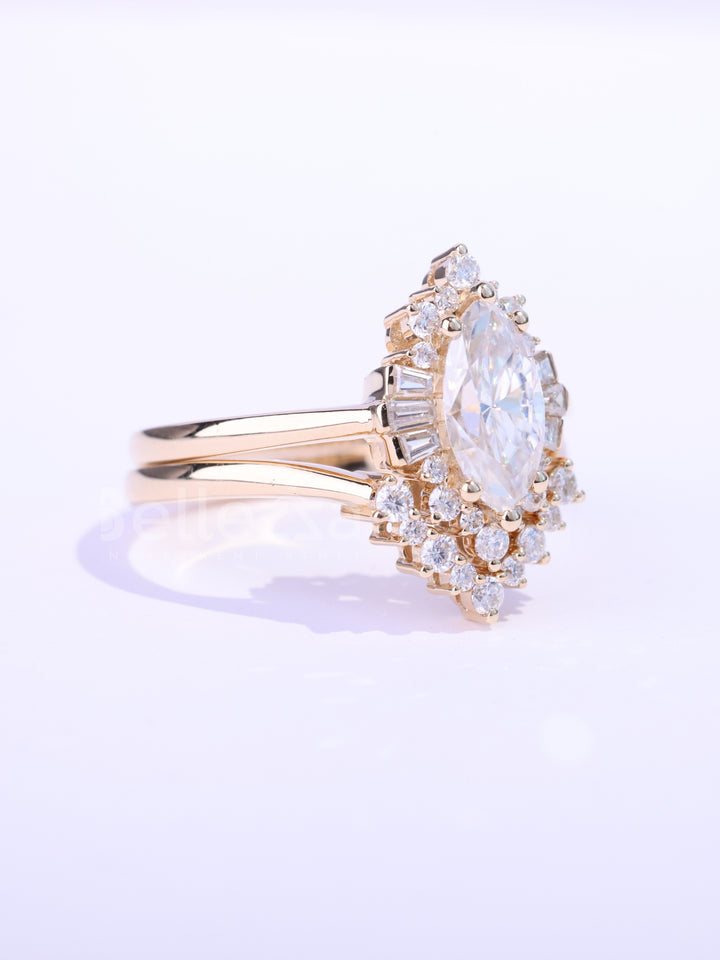 1.0CT Marquise Cut Cluster Diamond Moissanite Bridal Ring Set