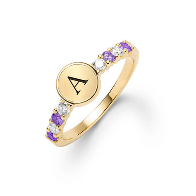 0.50 TCW Round Cut Customized Letter Moissanite February Birthstone Ring
