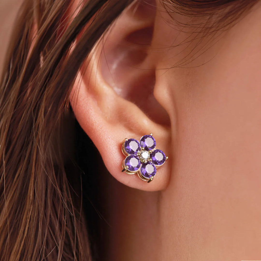 1.45TCW Round Floral Amethyst Moissanite February Birthstone Stud Earrings