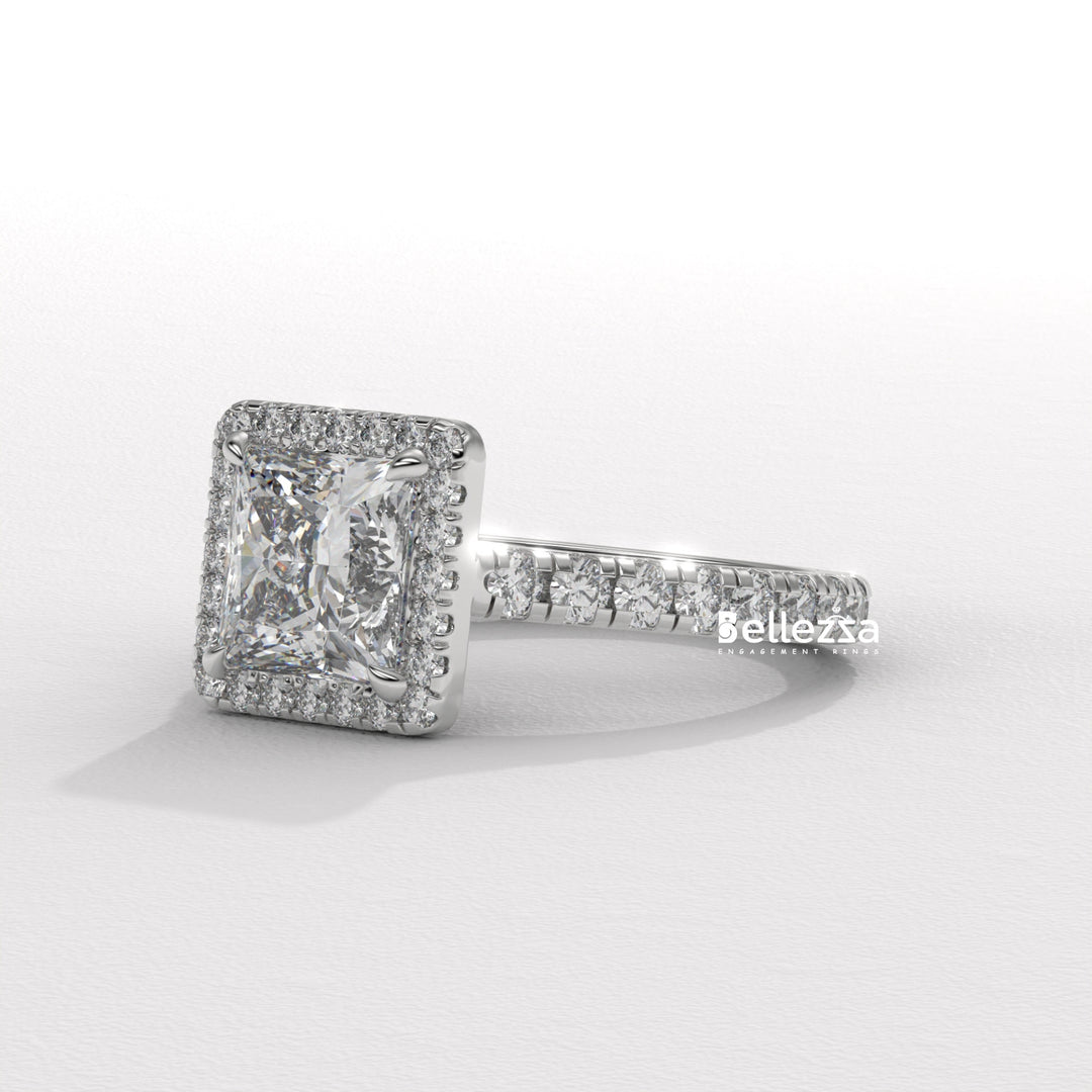 1.0-2.0CT Princess Cut Halo Pave Lab Grown Engagement Ring