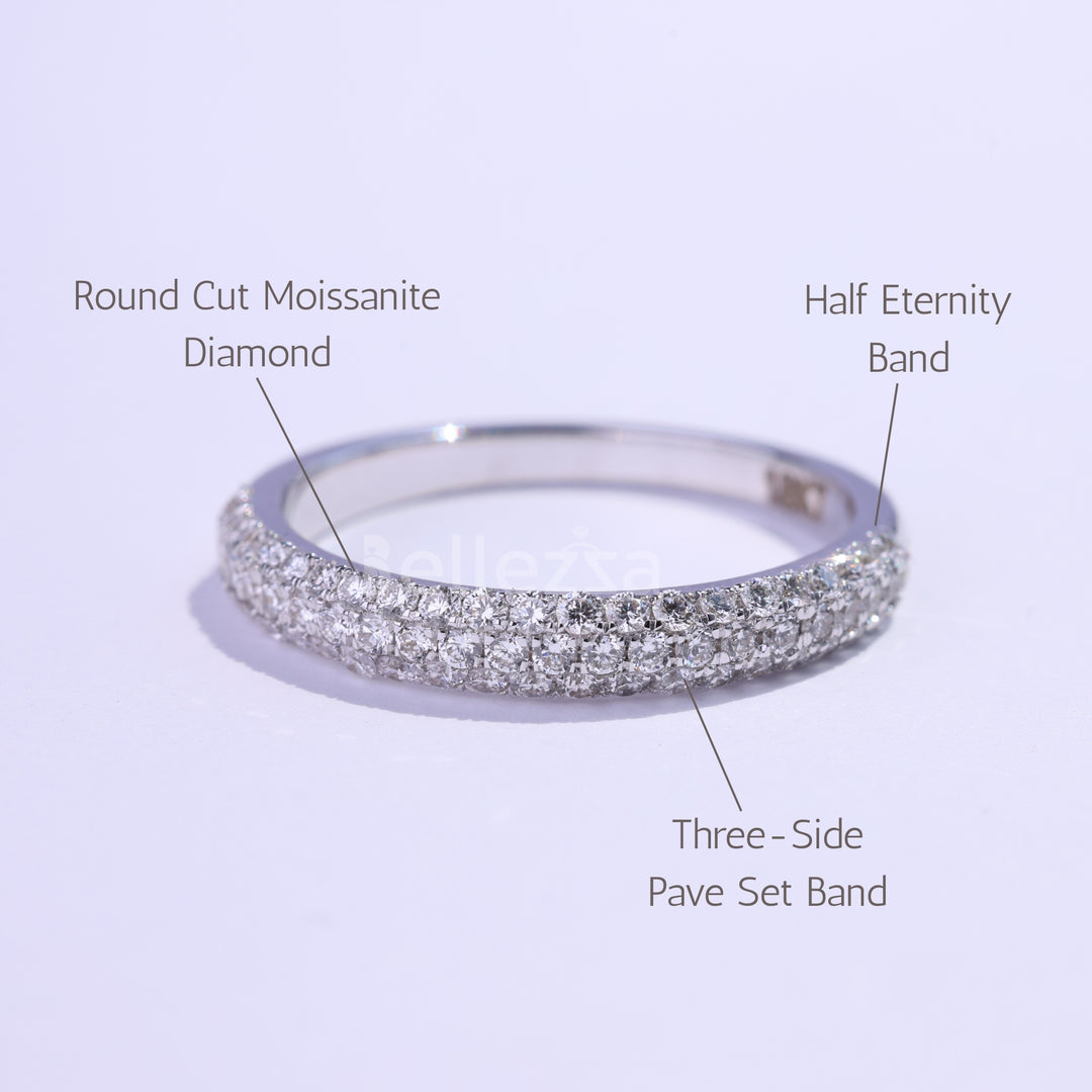 Round Cut Three Side Pave Setting Moissanite Wedding Band