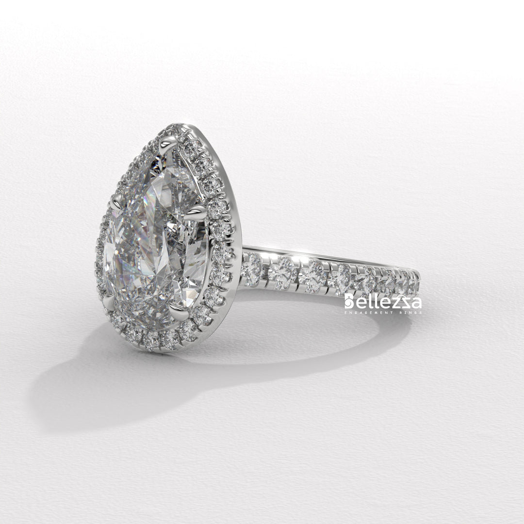 1.50-2.50CT Pear Cut CVD Diamond Halo Pave Setting Engagement Ring