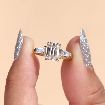 1.75CT Emerald Cut Three Stone Moissanite Engagement Ring - Ready To Ship
