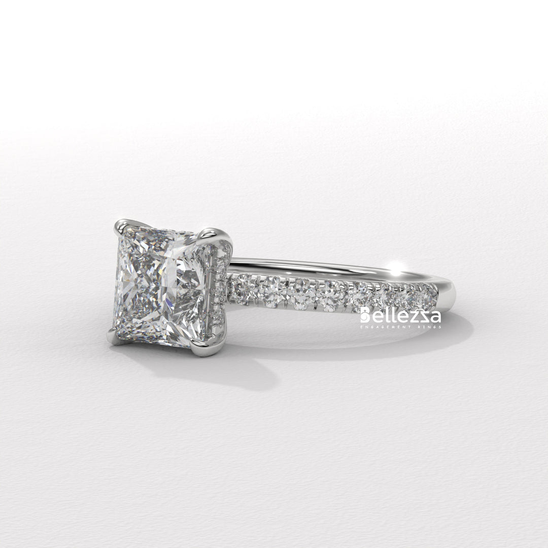 1.0-2.0CT Princess Cut Lab Grown Diamond Pave Setting Engagement Ring
