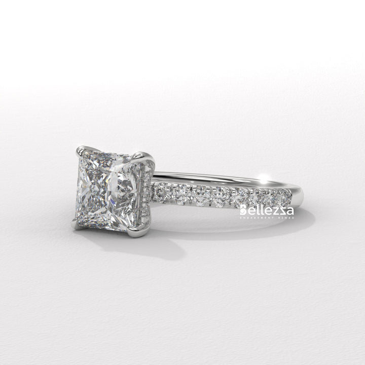 1.0-2.0CT Princess Cut Lab Grown Diamond Pave Setting Engagement Ring