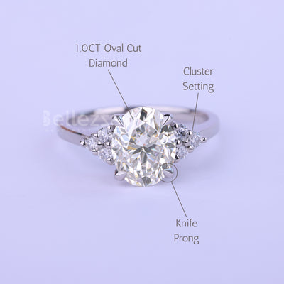 1.0CT Oval Cut Cluster Diamond Moissanite Engagement Ring