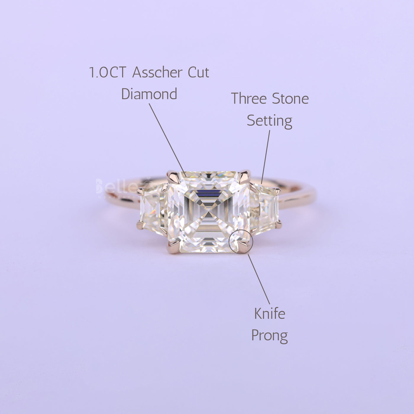 1.0CT Asscher Cut Diamond Three Stone Moissanite Engagement Ring