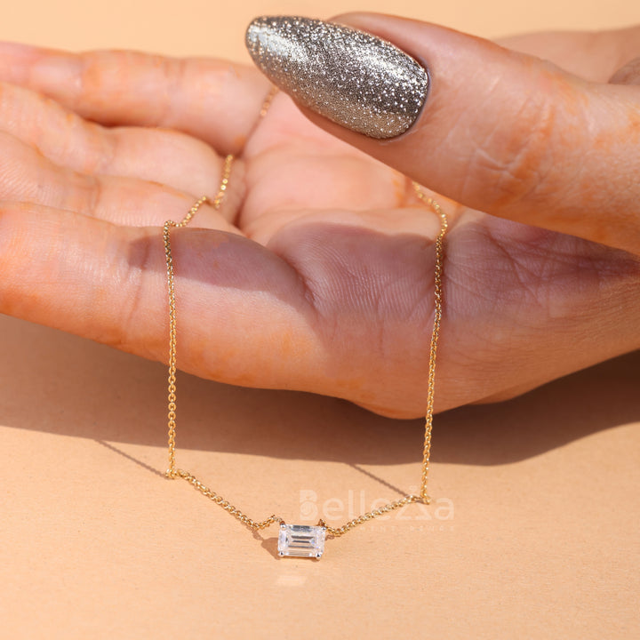 East West Emerald Diamond Moissanite Solitaire Necklace - Ready to Ship