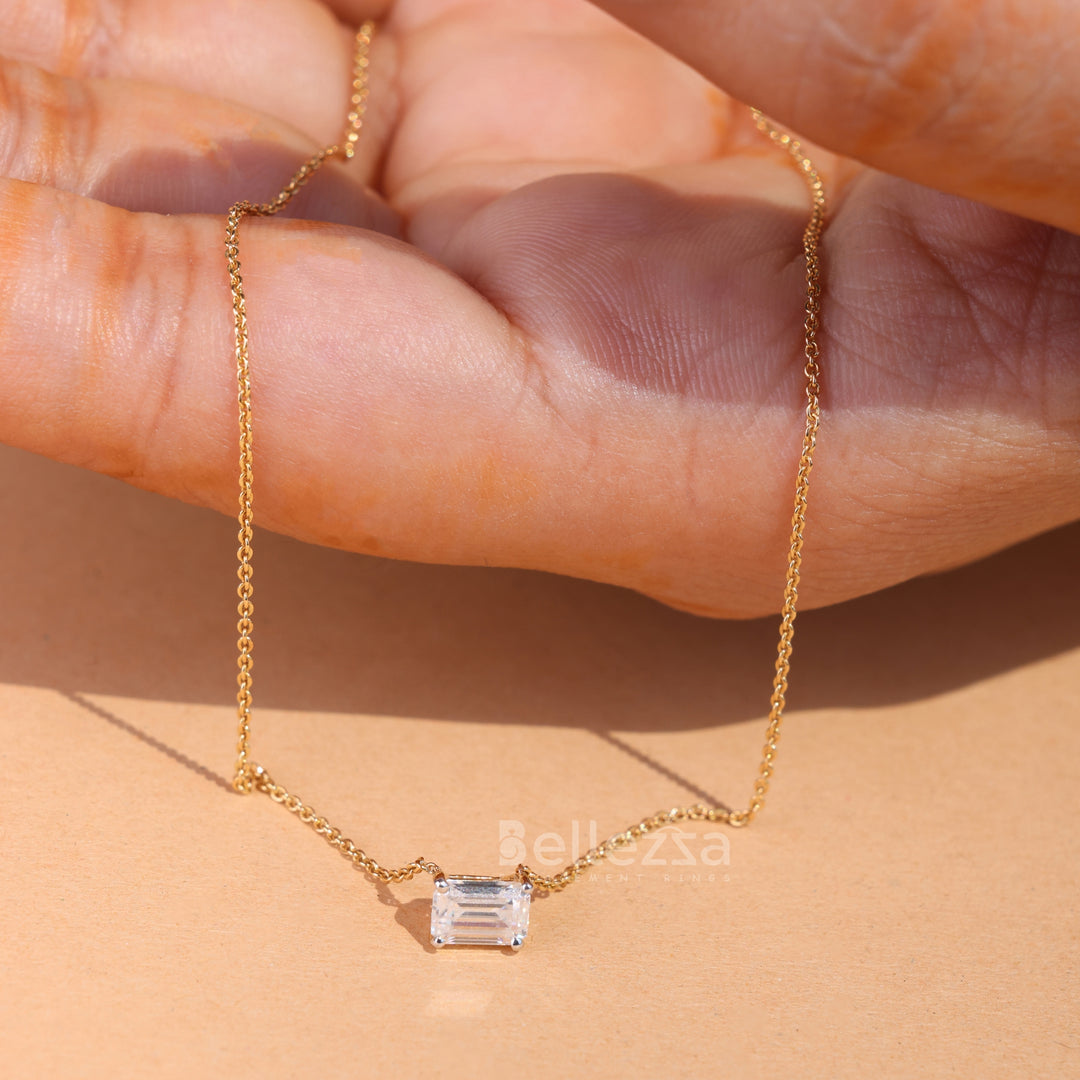 East West Emerald Diamond Moissanite Solitaire Necklace - Ready to Ship