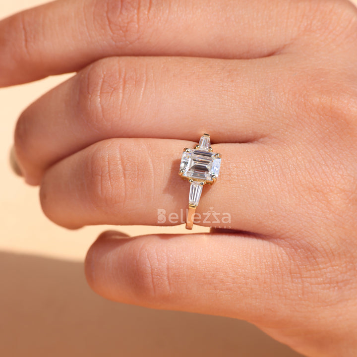 1.75CT Emerald Cut Three Stone Moissanite Engagement Ring - Ready To Ship
