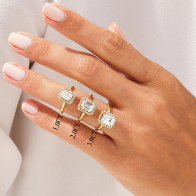 1.0CT Emerald Diamond Halo Moissanite Engagement Ring