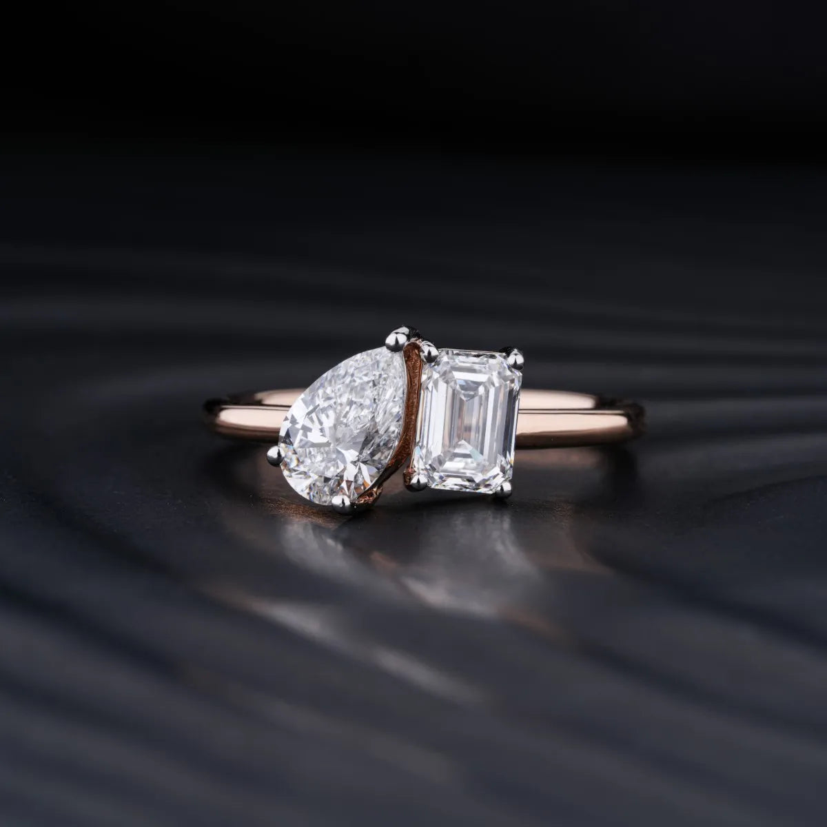 1.5 CT Emerald & Pear Shaped Moissanite Two Stone Engagement Ring