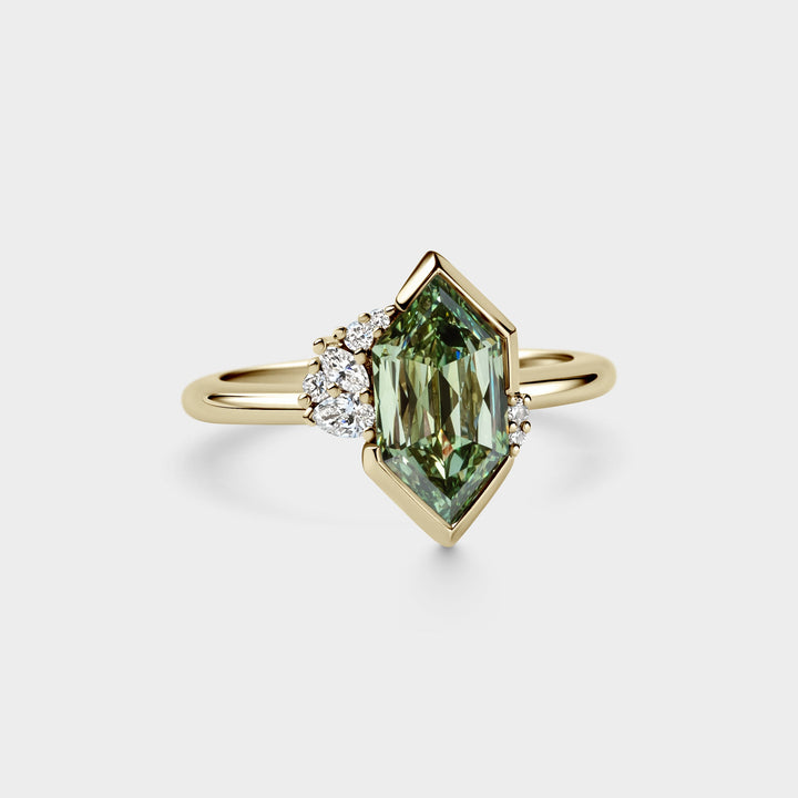 2.0CT Fancy Green Elongated Hexagon Cut Unique Cluster Lab Grown Ring
