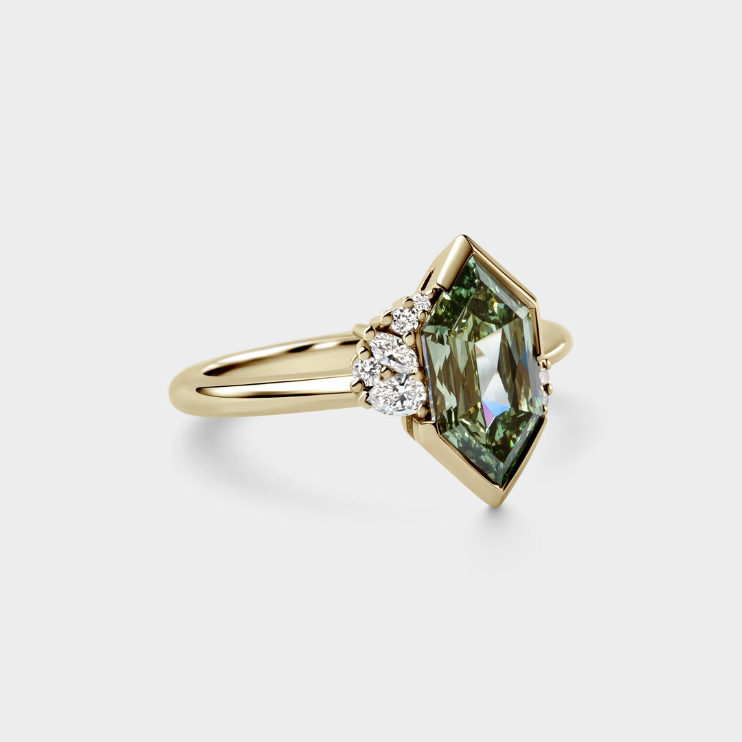2.0CT Fancy Green Elongated Hexagon Cut Unique Cluster Lab Grown Ring