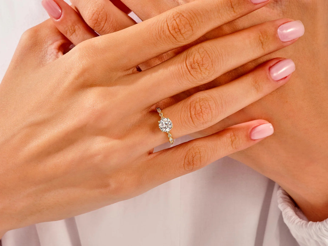 1.0 CT Round Diamond Milgrain Pave Setting Moissanite Engagement Ring