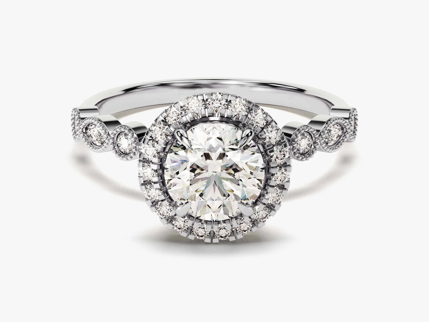1.0CT Round Brilliant Diamond Halo Pave Set Moissanite Engagement Ring