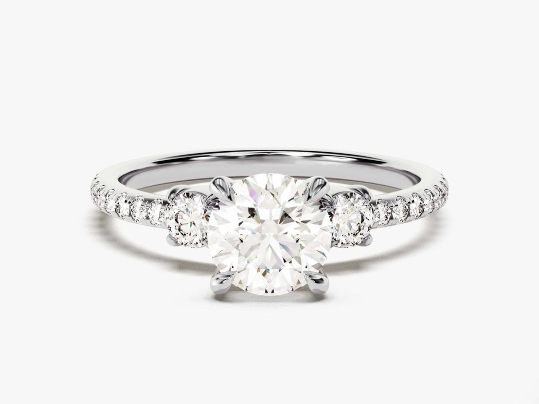 1.0CT Round Cut Diamond Three Stone Pave Setting Moissanite Engagement Ring