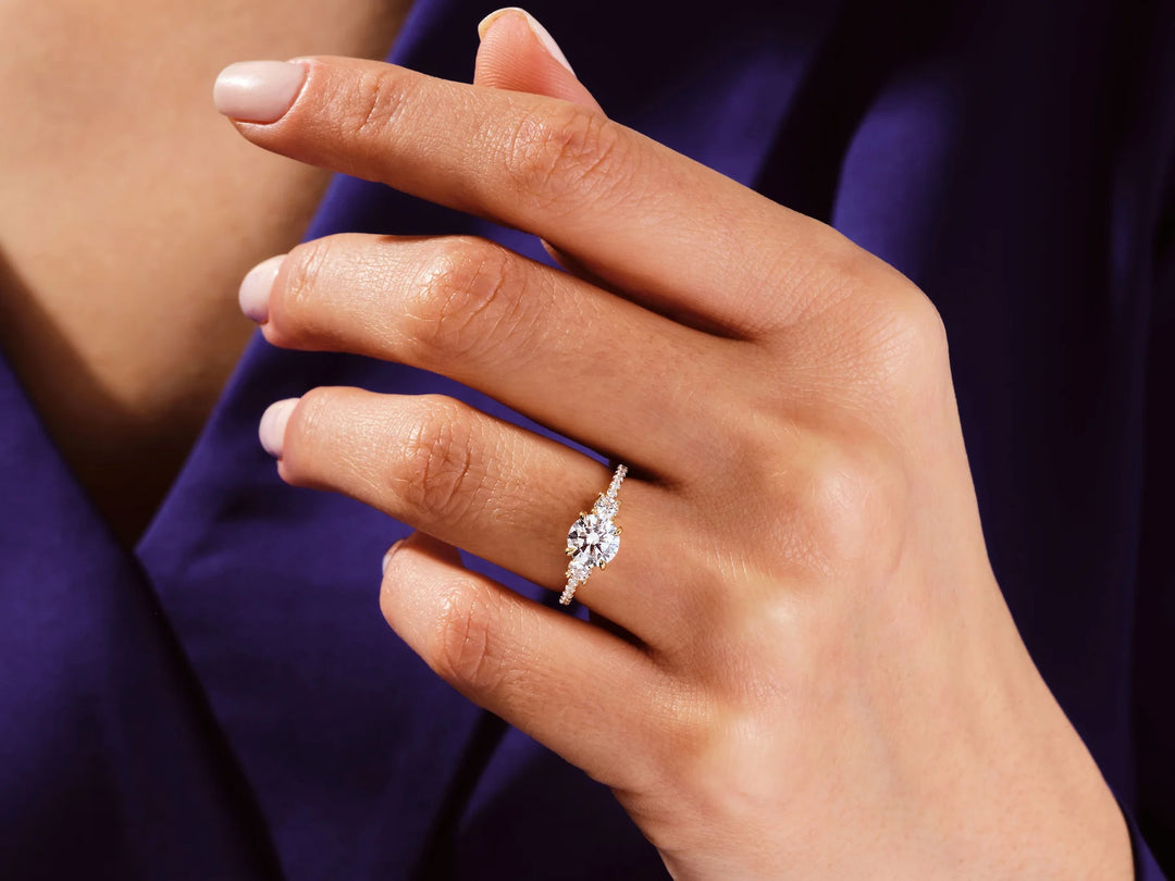 1.0CT Round Cut Diamond Three Stone Pave Setting Moissanite Engagement Ring