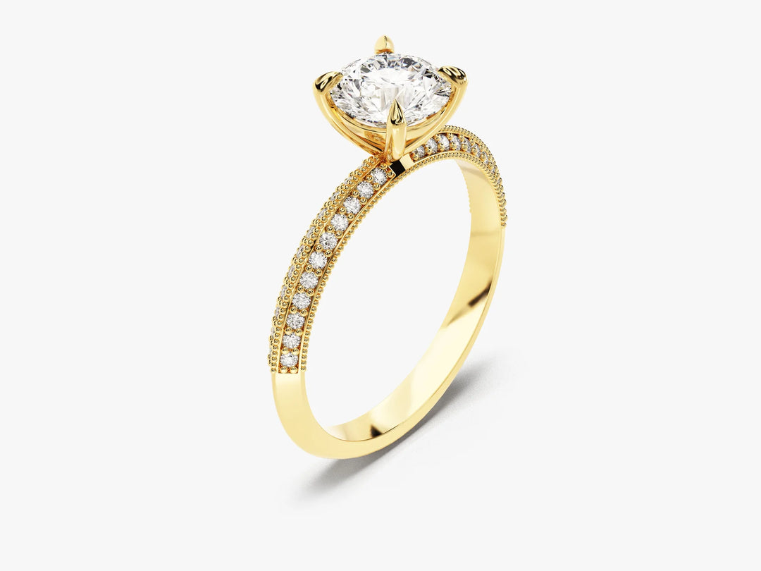 1.0 CT Round Cut Knife Edge Milgrain Pave Set Moissanite Engagement Ring