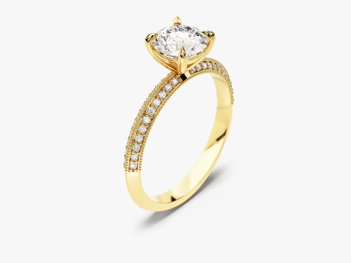 1.0 CT Round Cut Knife Edge Milgrain Pave Set Moissanite Engagement Ring