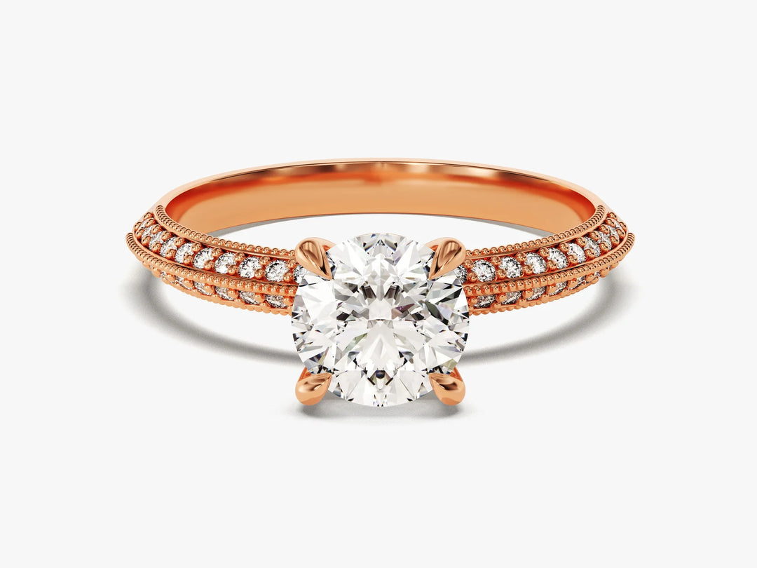 1.0 CT Round Cut Knife Edge Milgrain Pave Set Moissanite Engagement Ring