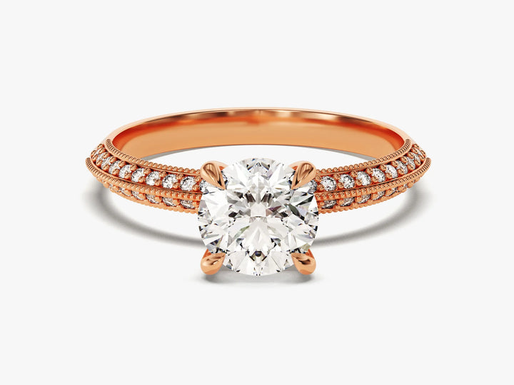 1.0 CT Round Cut Knife Edge Milgrain Pave Set Moissanite Engagement Ring