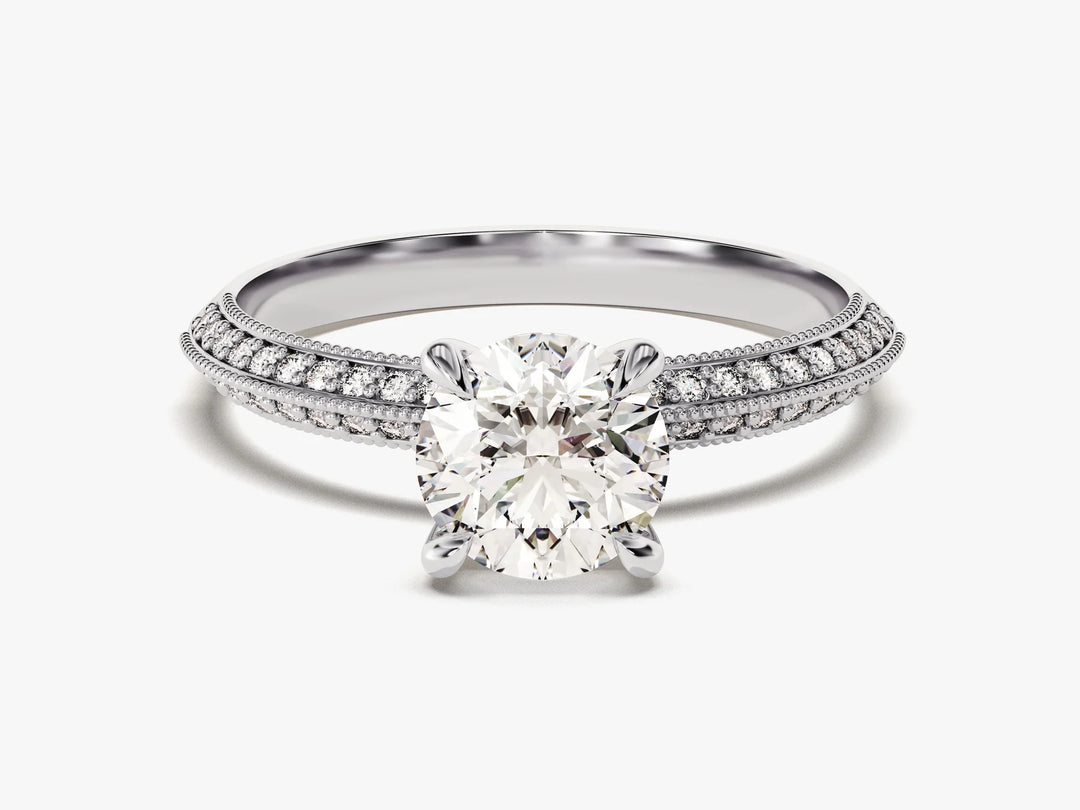 1.0 CT Round Cut Knife Edge Milgrain Pave Set Moissanite Engagement Ring