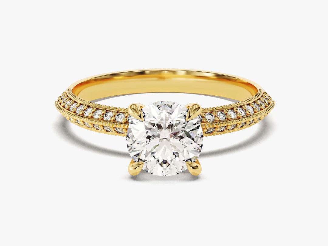 1.0 CT Round Cut Knife Edge Milgrain Pave Set Moissanite Engagement Ring