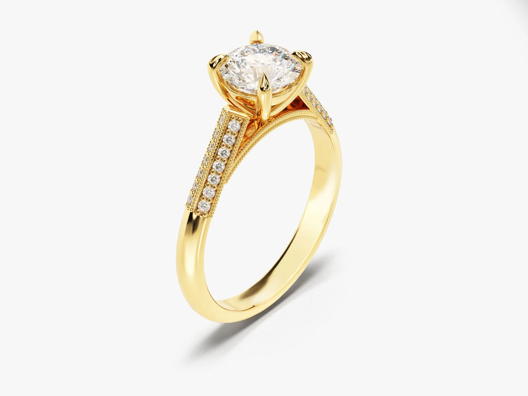 1.0 CT Round Diamond Milgrain Pave Setting Moissanite Engagement Ring