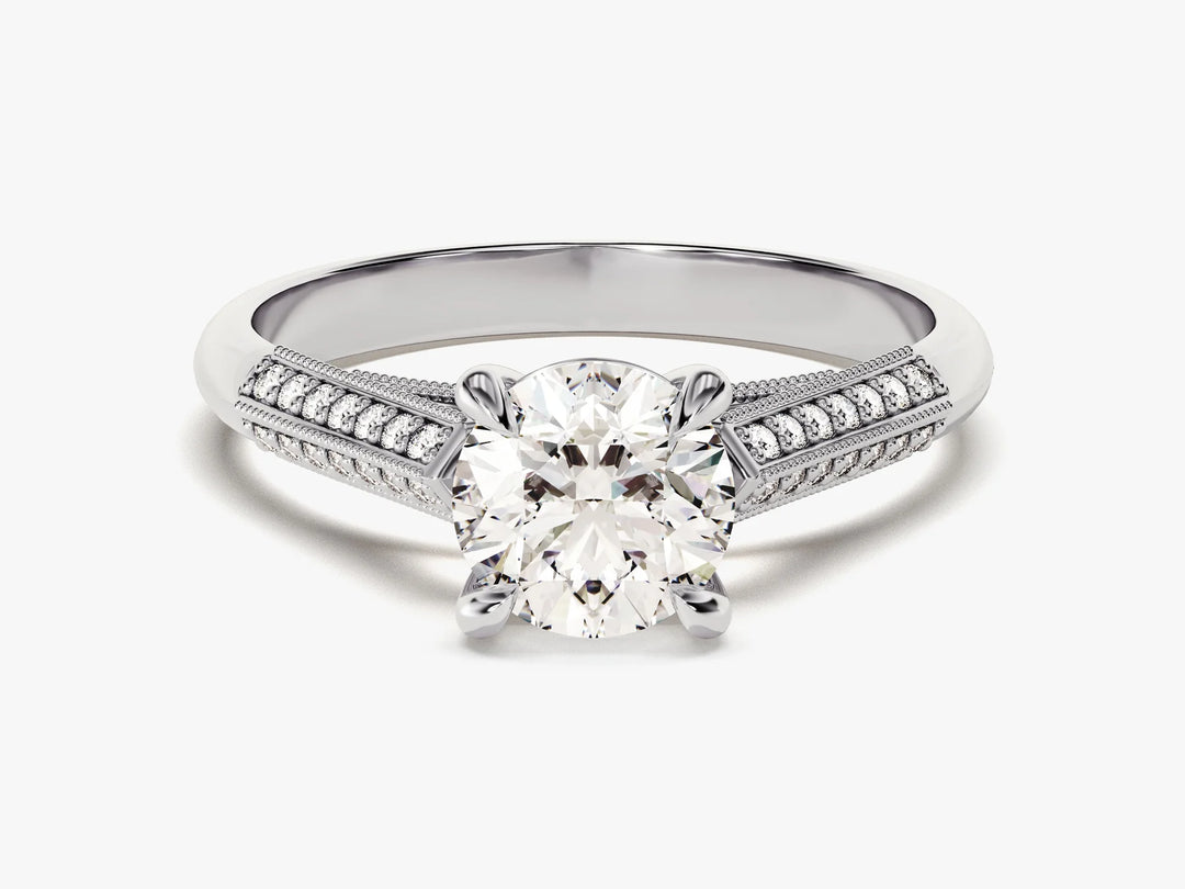1.0 CT Round Diamond Milgrain Pave Setting Moissanite Engagement Ring