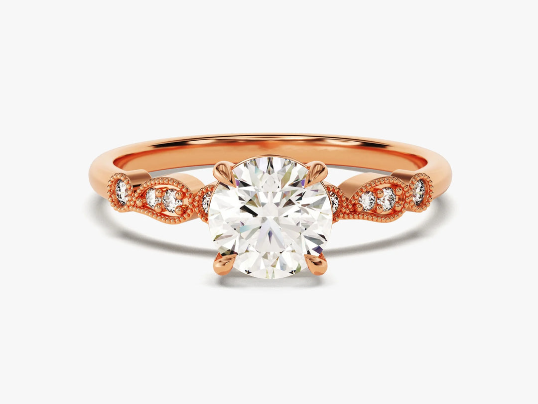 1.0CT Round Brilliant Diamond Milgrain Pave Setting Moissanite Engagement Ring
