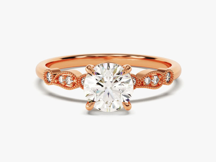 1.0CT Round Brilliant Diamond Milgrain Pave Setting Moissanite Engagement Ring