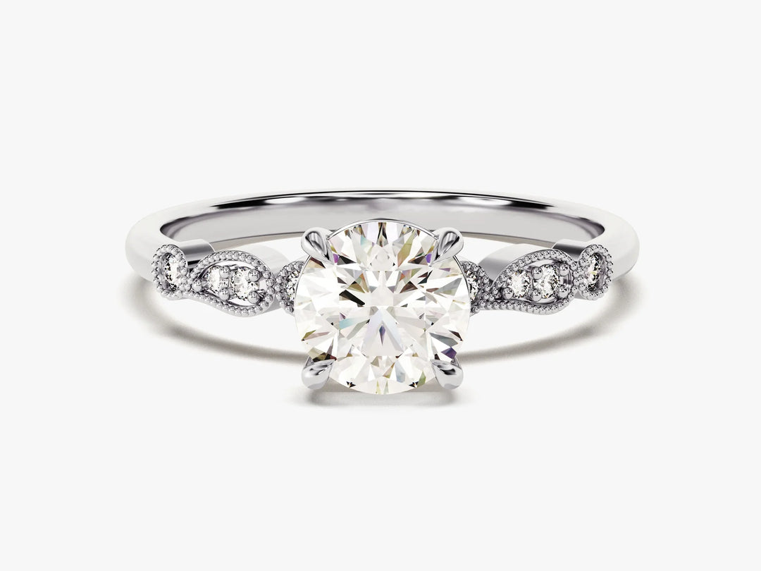 1.0CT Round Brilliant Diamond Milgrain Pave Setting Moissanite Engagement Ring