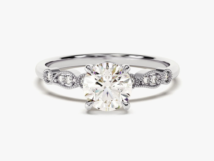 1.0CT Round Brilliant Diamond Milgrain Pave Setting Moissanite Engagement Ring