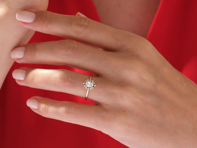 0.50CT Oval Diamond Unique Halo Setting Moissanite Engagement Ring