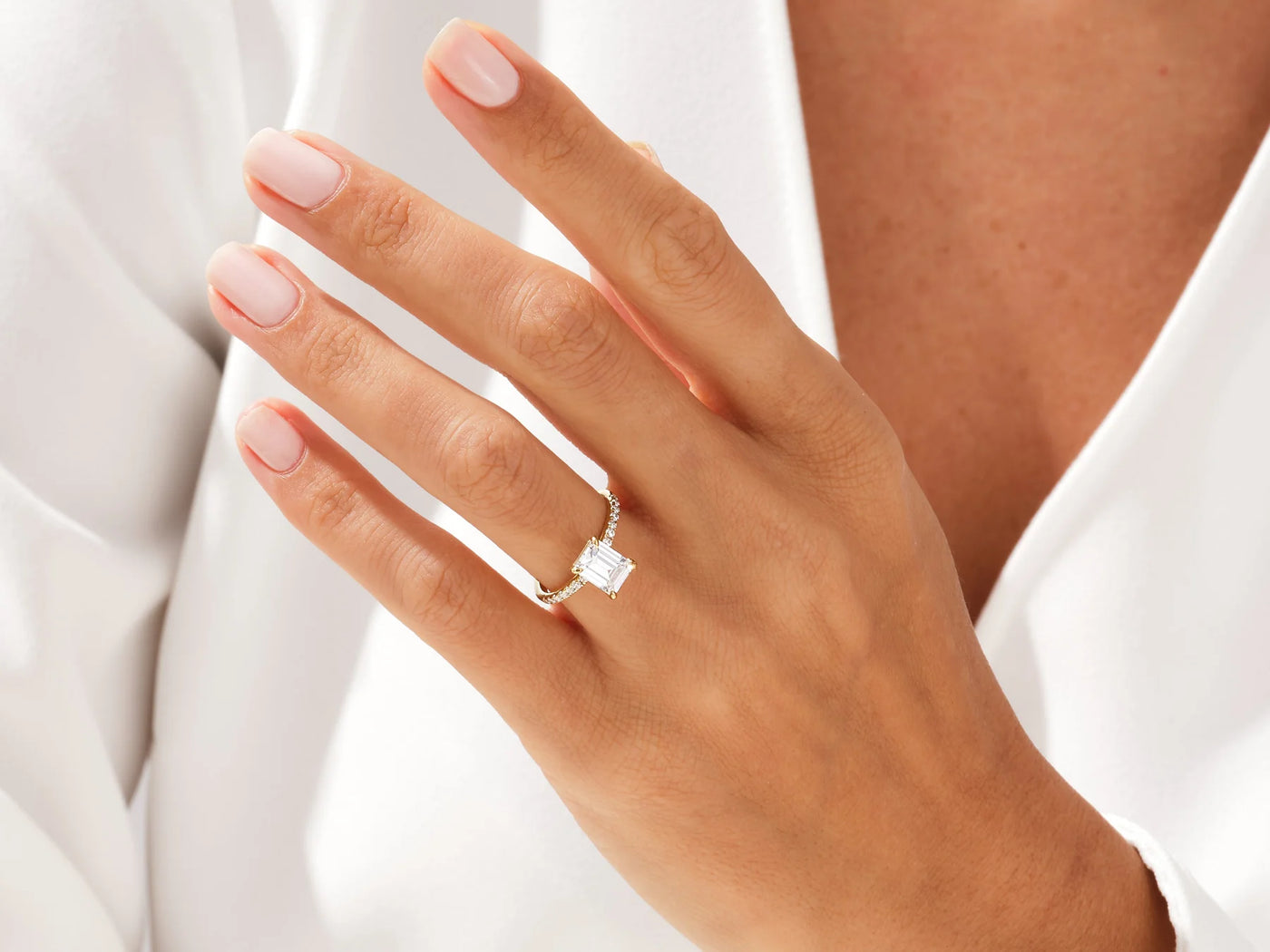 1.50CT Emerald Diamond Pave Setting Moissanite Engagement Ring