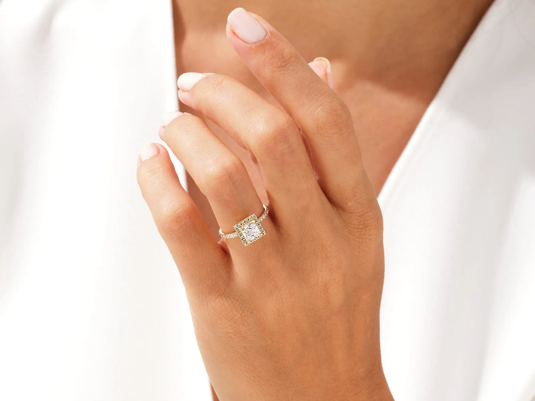 1.0CT Princess Diamond Halo Pave Setting Moissanite Engagement Ring
