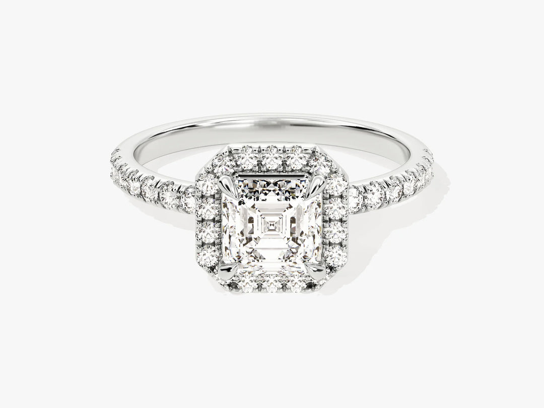 1.0CT Asscher Diamond Halo Pave Setting Moissanite Engagement Ring