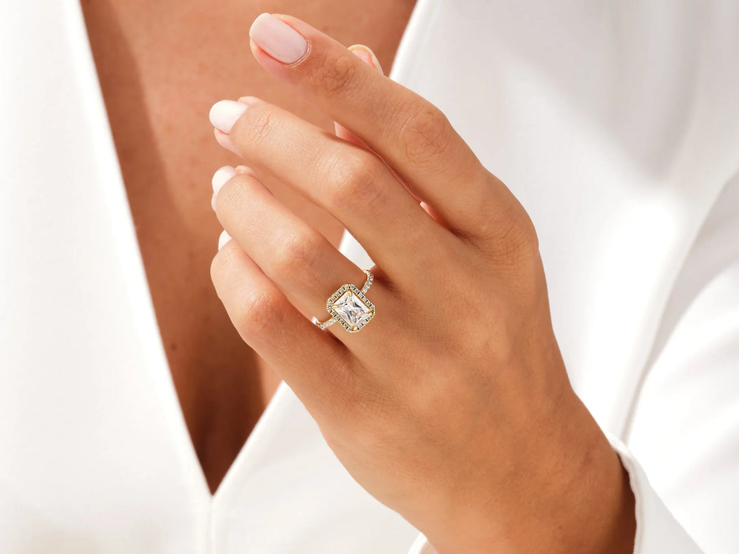 1.50CT Radiant Diamond Halo Pave Setting Moissanite Engagement Ring