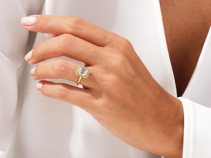 1.50CT Emerald Diamond Halo Moissanite Engagement Ring