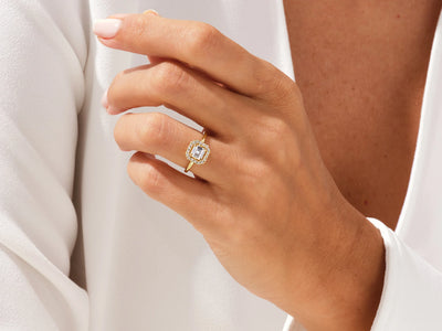 1.0CT Asscher Diamond Halo Moissanite Engagement Ring