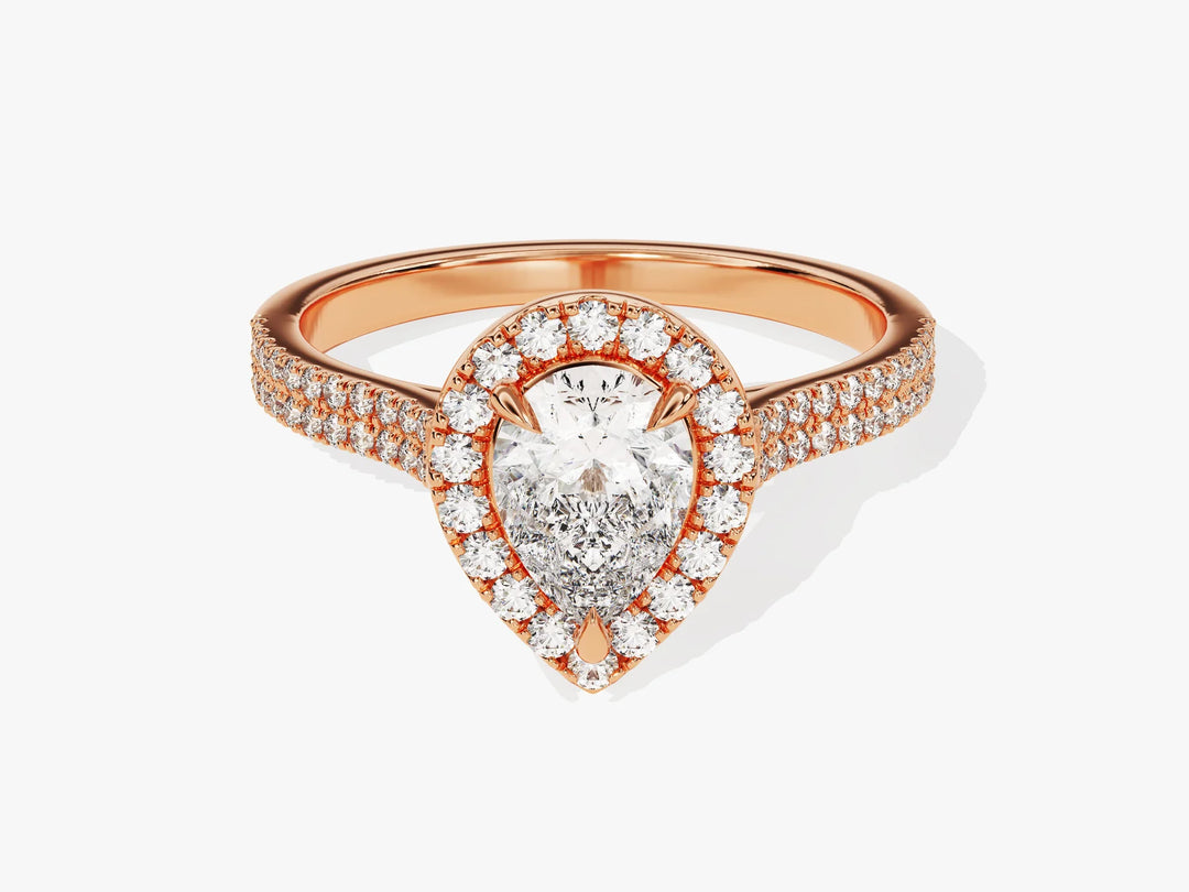 1.0CT Pear Diamond Double Shank Halo Moissanite Engagement Ring