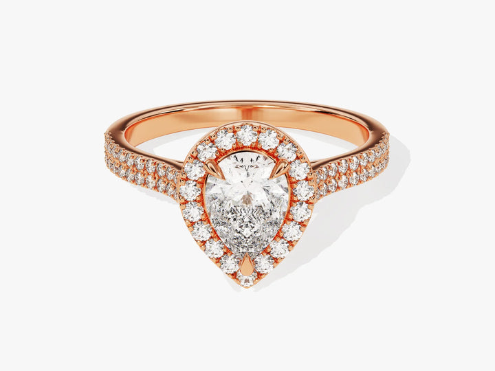 1.0CT Pear Diamond Double Shank Halo Moissanite Engagement Ring