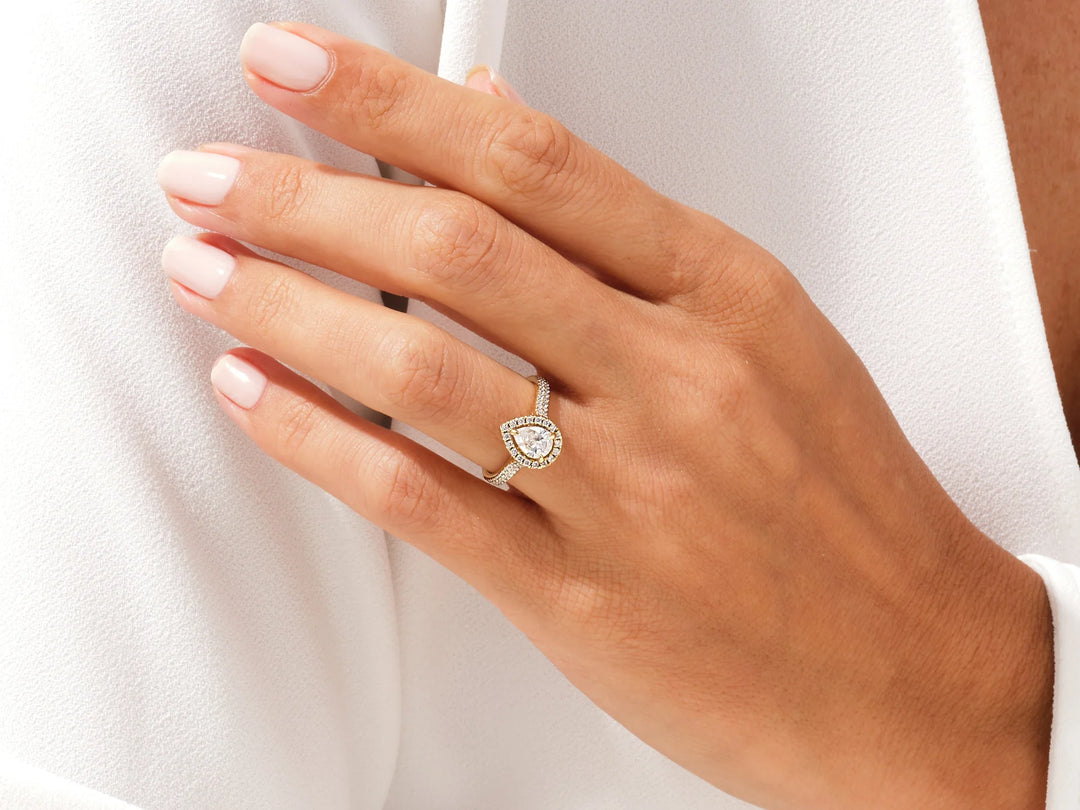 1.0CT Pear Diamond Double Shank Halo Moissanite Engagement Ring