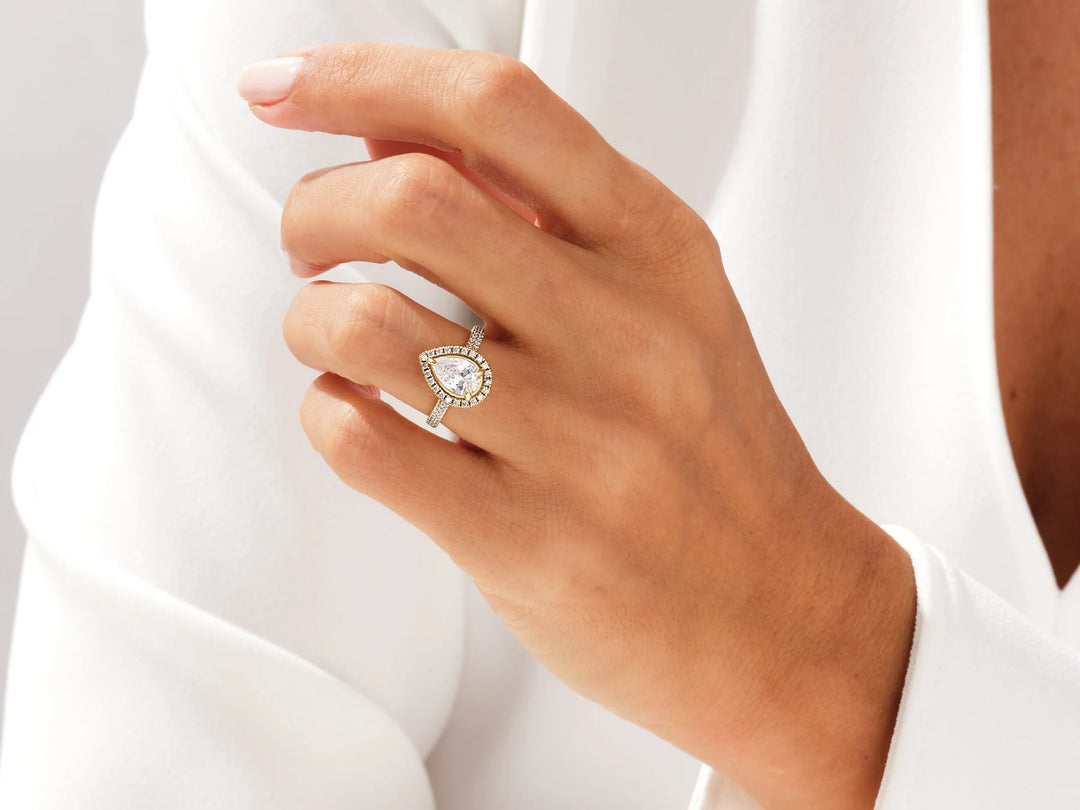 2.0CT Pear Diamond Double Shank Halo Moissanite Engagement Ring
