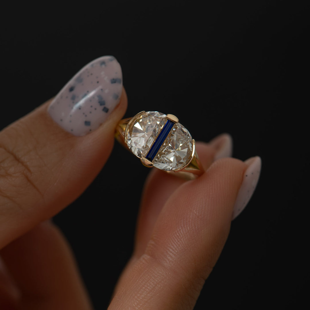 3.0CTW Light Yellow Half Moon Cut Diamond With Needle Baguette Lab Grown Ring
