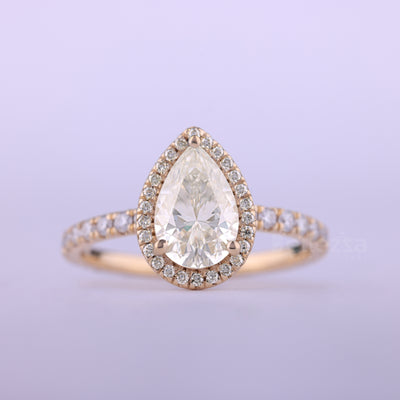 1.0CT Pear Cut Diamond Halo Pave Setting Moissanite Engagement Ring